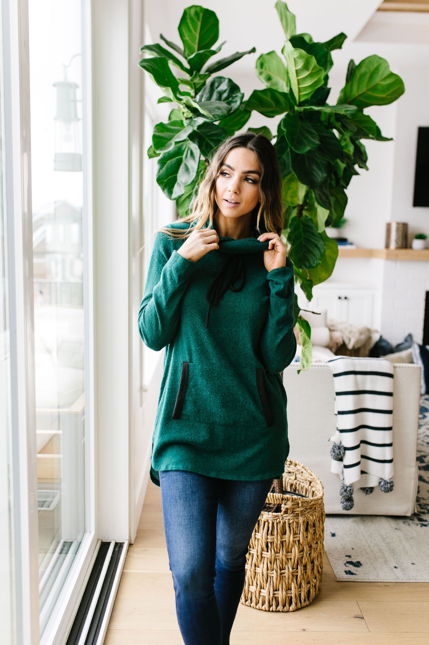 Hop To It Cowl Neck Tunic In Hunter Green