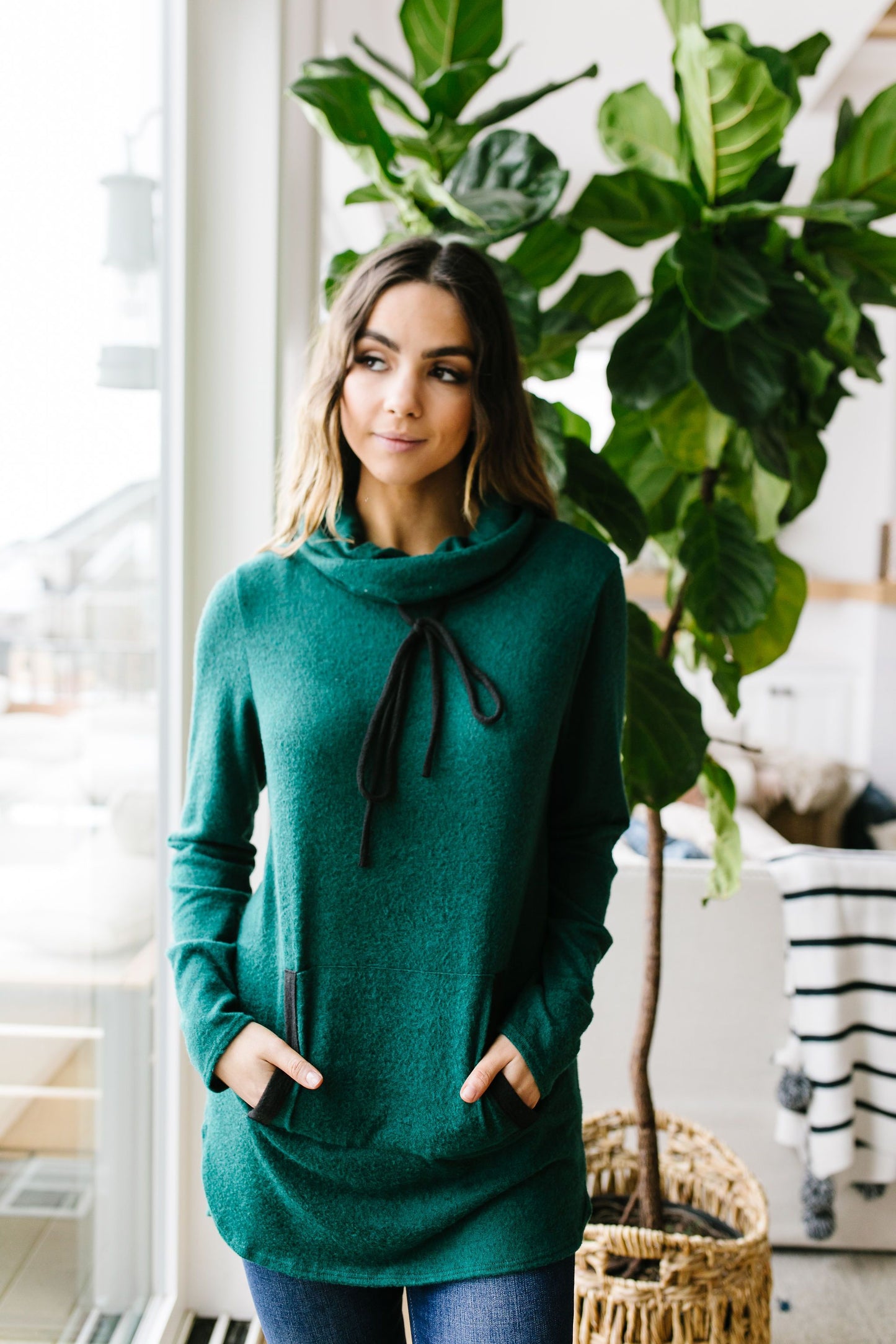 Hop To It Cowl Neck Tunic In Hunter Green