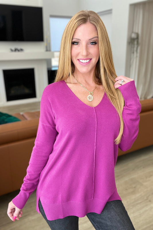 V-Neck Front Seam Sweater in Light Plum