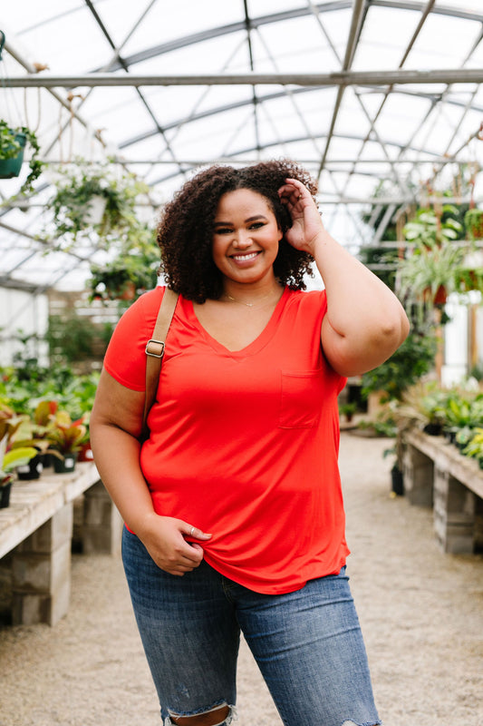 Everyday Yay V-Neck Tee In Red Orange