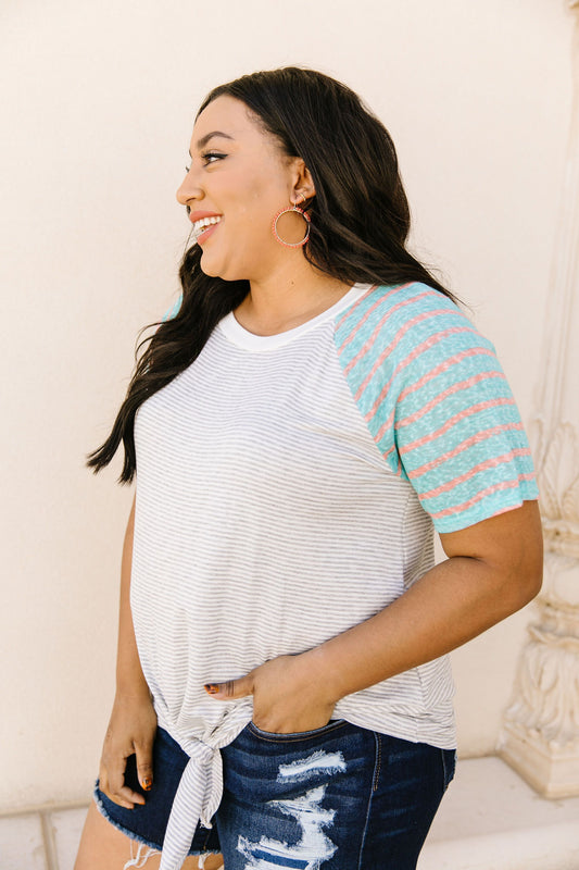 Raglan Stripes Tie Front Tee In Pale Blue