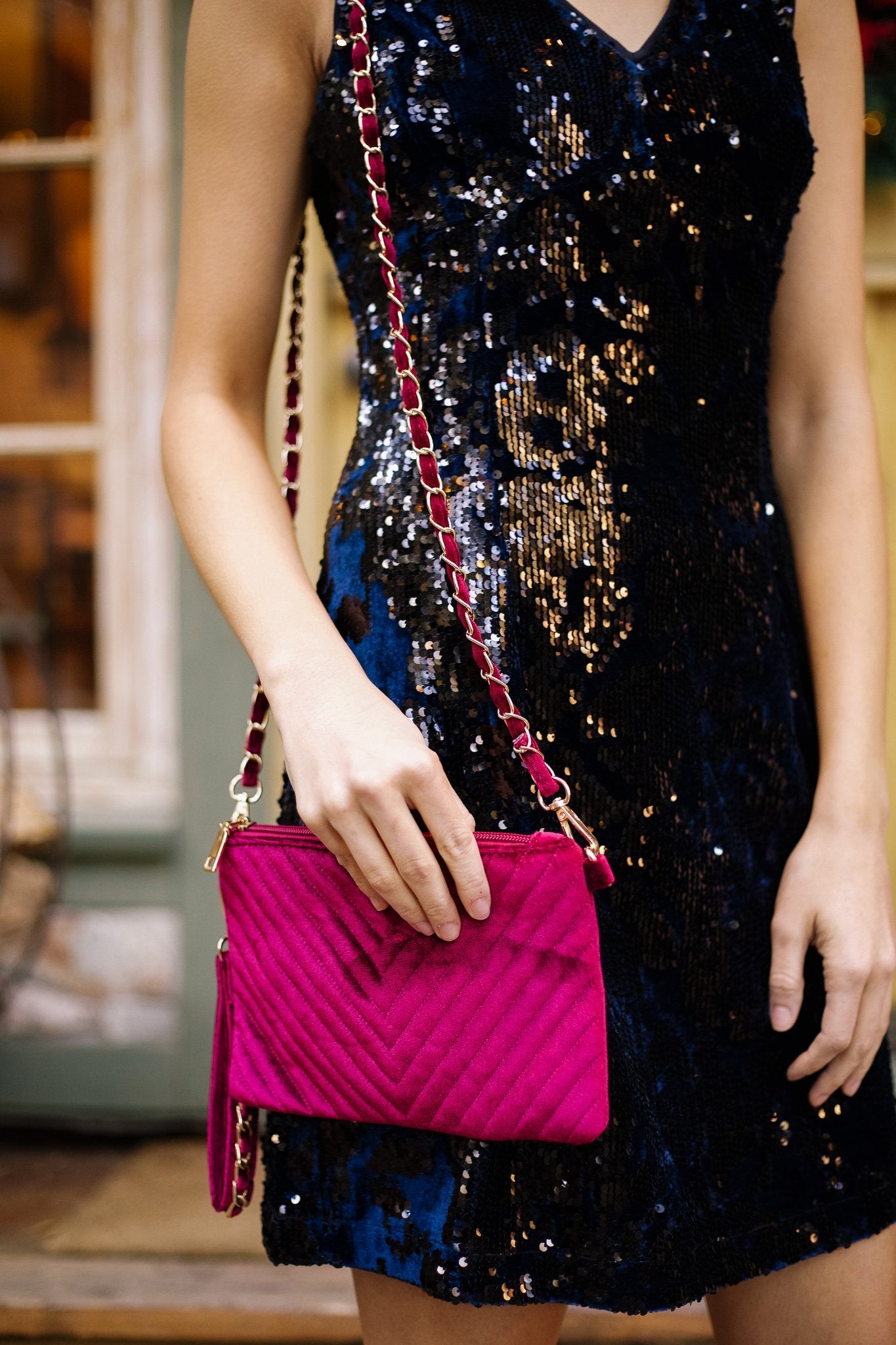 Velvet Chevron Crossbody Clutch In Fuchsia