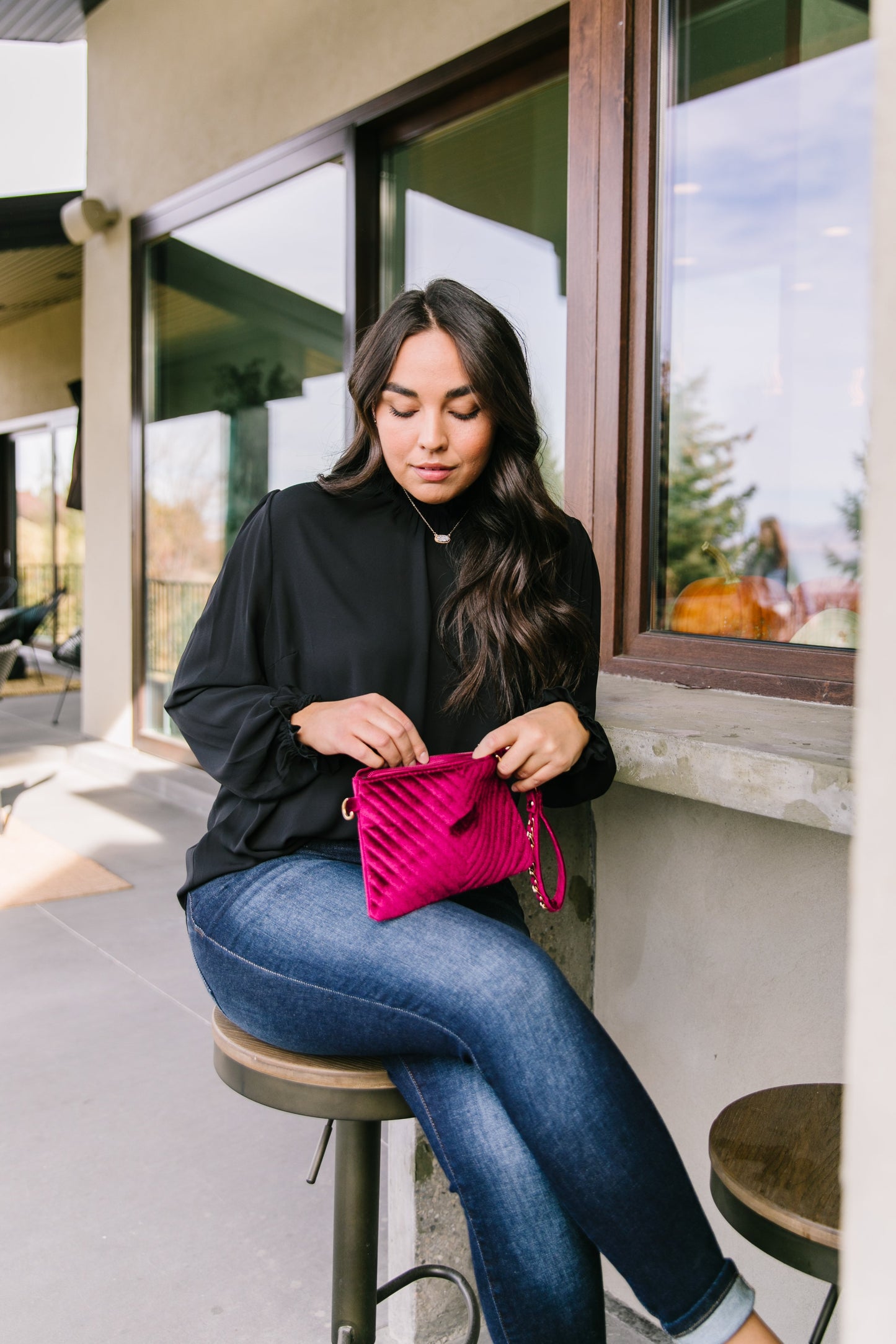 Velvet Chevron Crossbody Clutch In Fuchsia