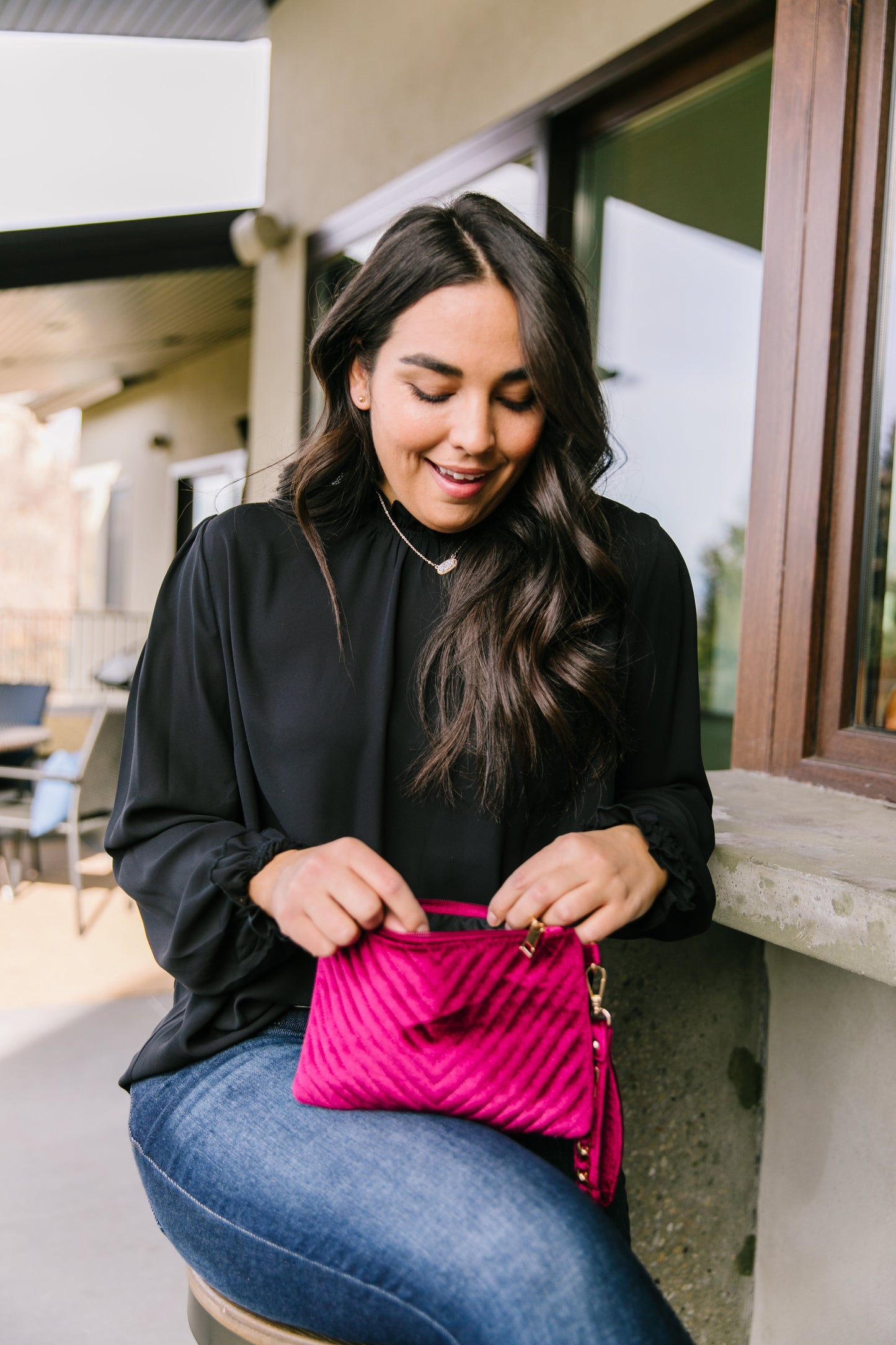 Velvet Chevron Crossbody Clutch In Fuchsia